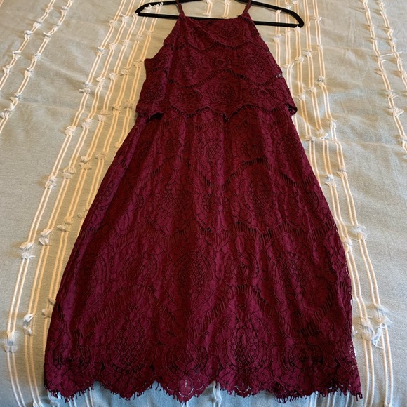 Maroon Halter Neck Lace Dress - Picture 1 of 4